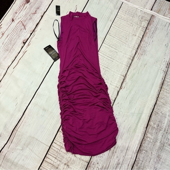 BEBE ruched bodycon dress mock neck open back sleeveless magenta Medium NWT - Picture 5 of 10